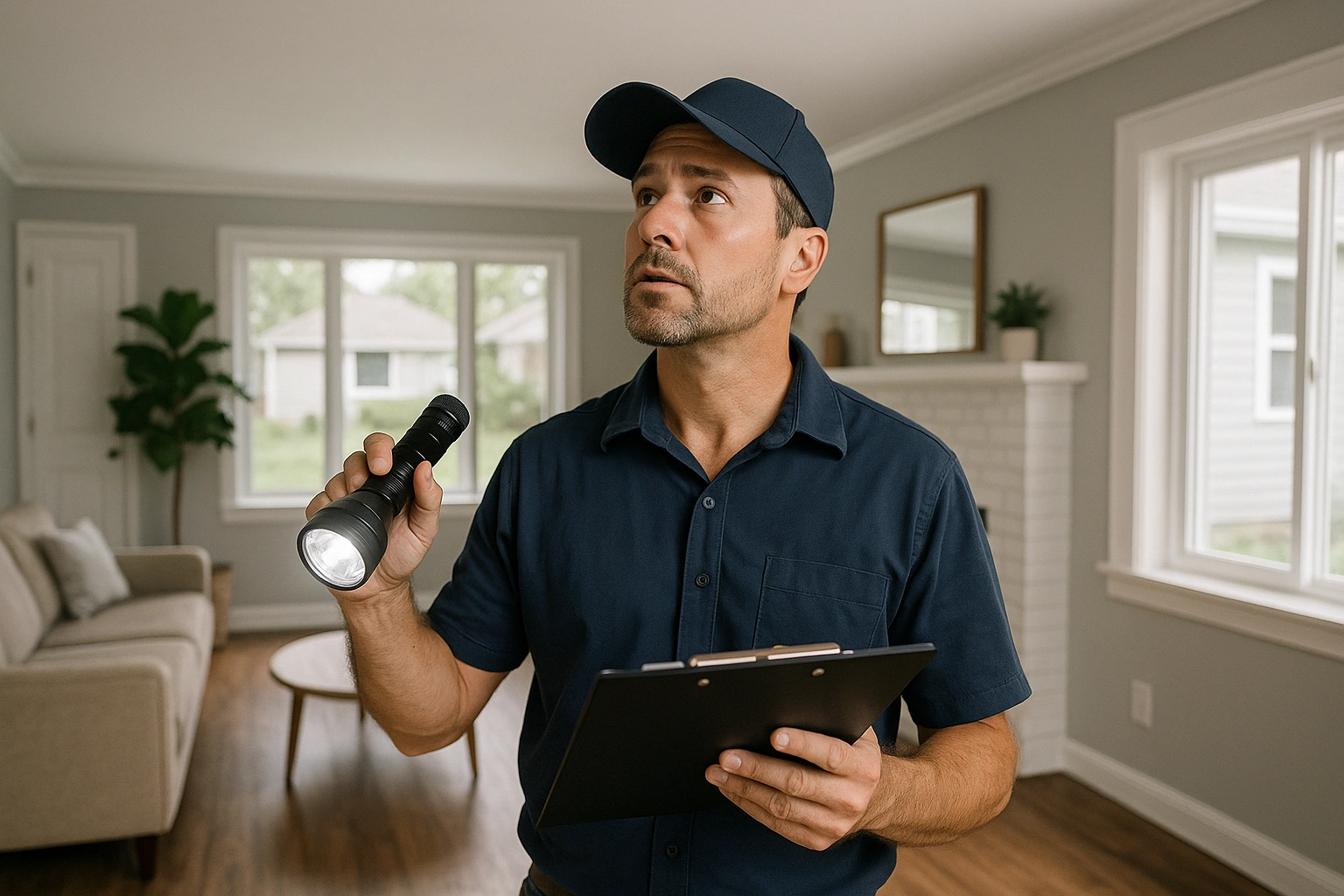 Professional female inspector with magnifying glass examining a detailed house model