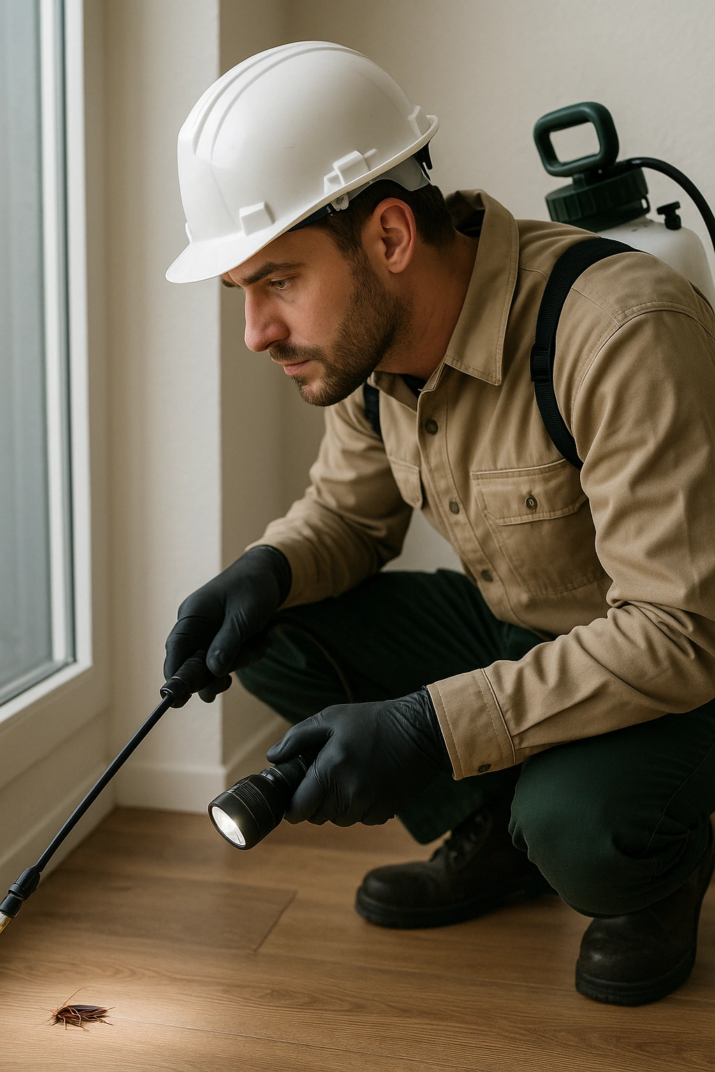 Professional female inspector with magnifying glass examining a detailed house model