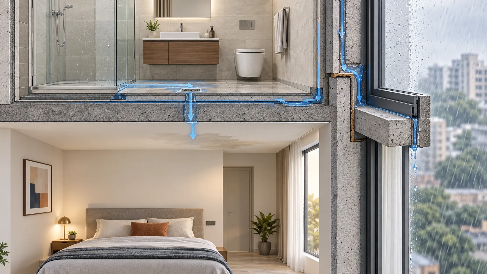 Illustration of stacked apartment wet areas and possible water paths between rooms