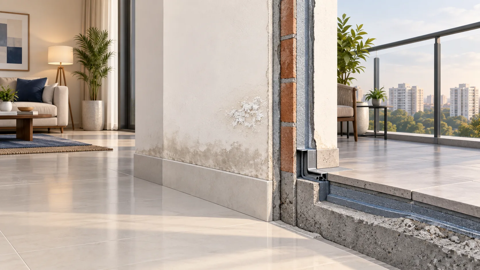 Illustration of a damp wall near the skirting and an adjoining balcony threshold