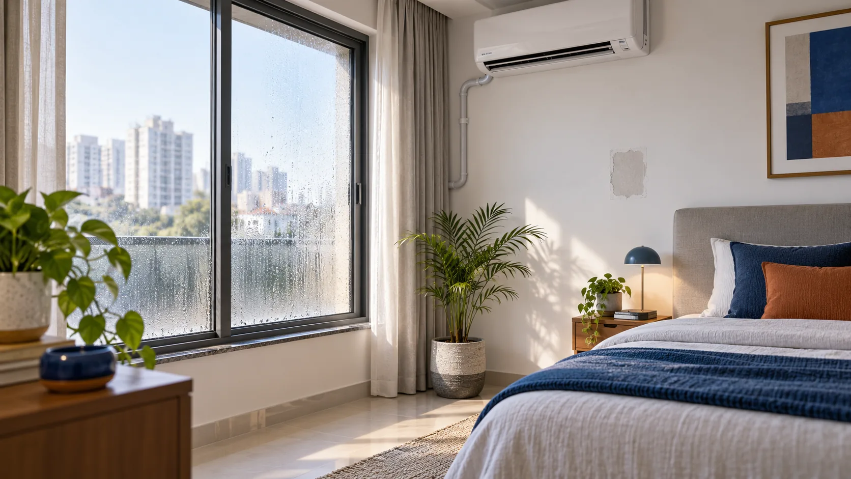 Indoor wall and window area illustrating household moisture and drying