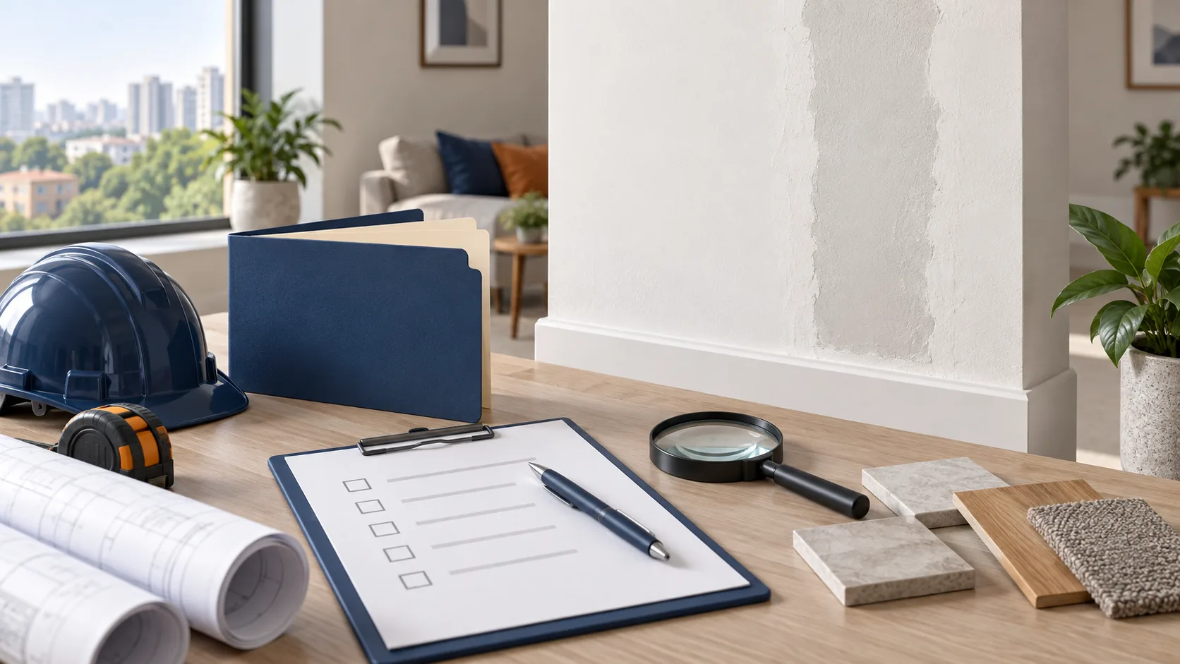 Repair paperwork and inspection tools beside an interior wall with damp staining
