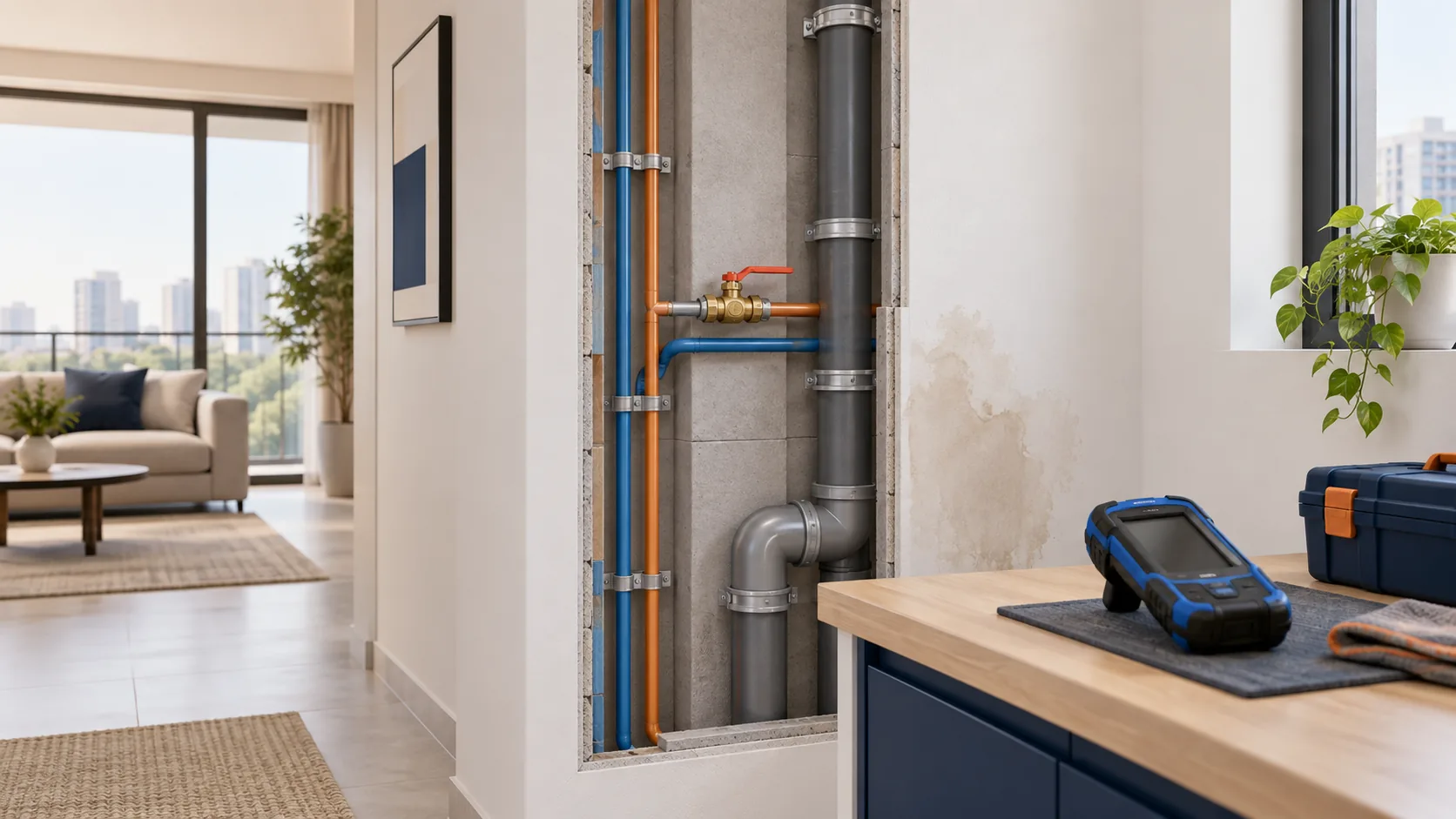 A conceptual domestic water supply investigation with accessible pipework and inspection equipment