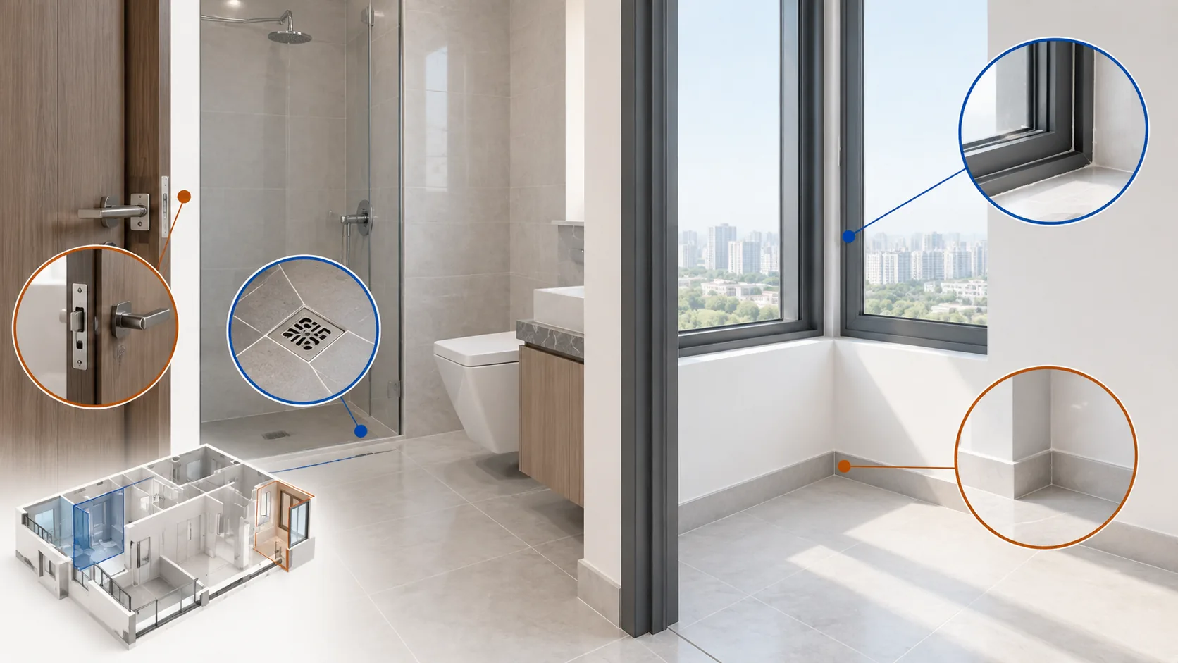 Illustration of a newly finished bathroom and window, with fittings and joints marked