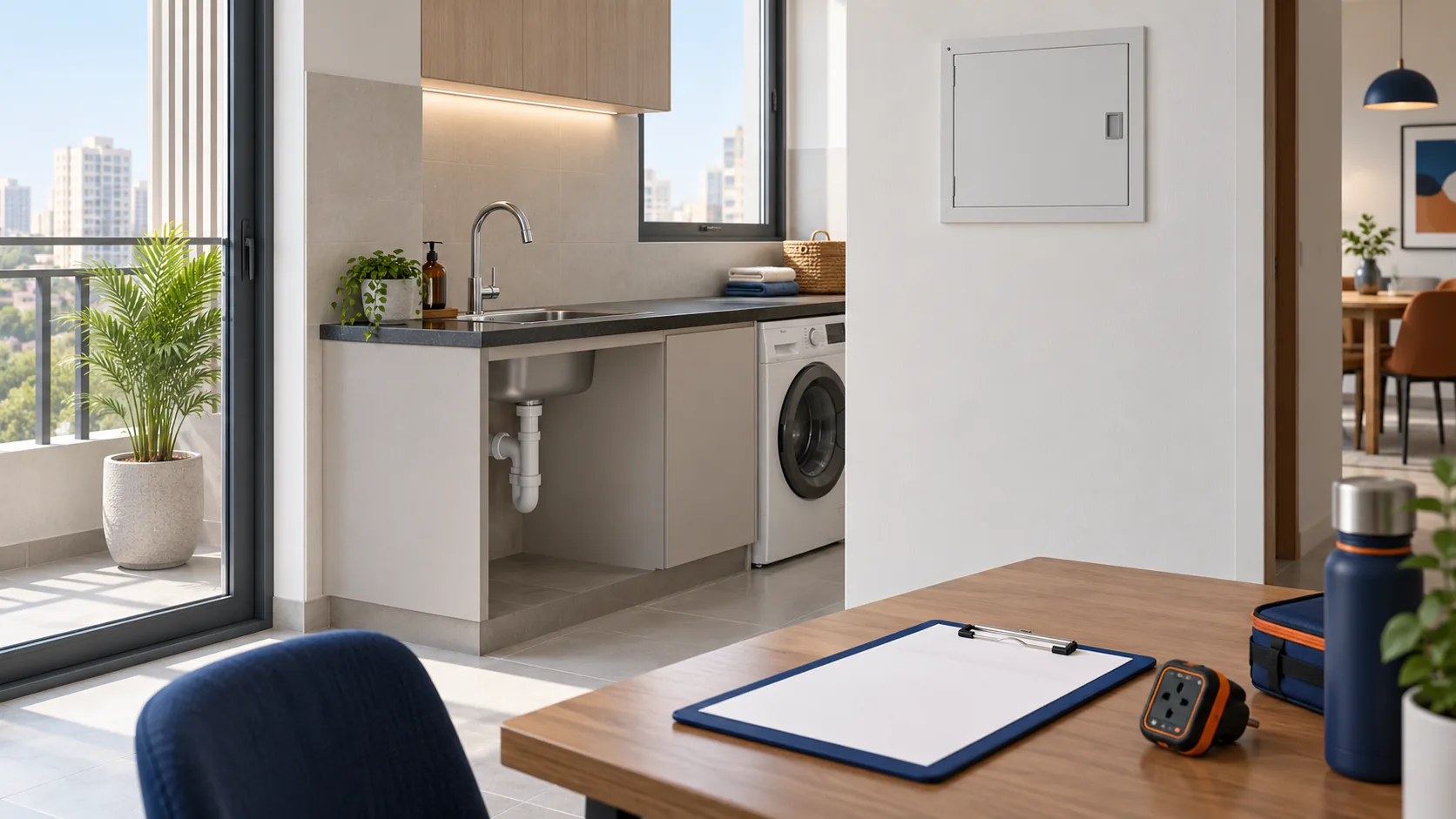 A new-flat kitchen utility area with plumbing fittings, a closed electrical board and a tester resting on a table