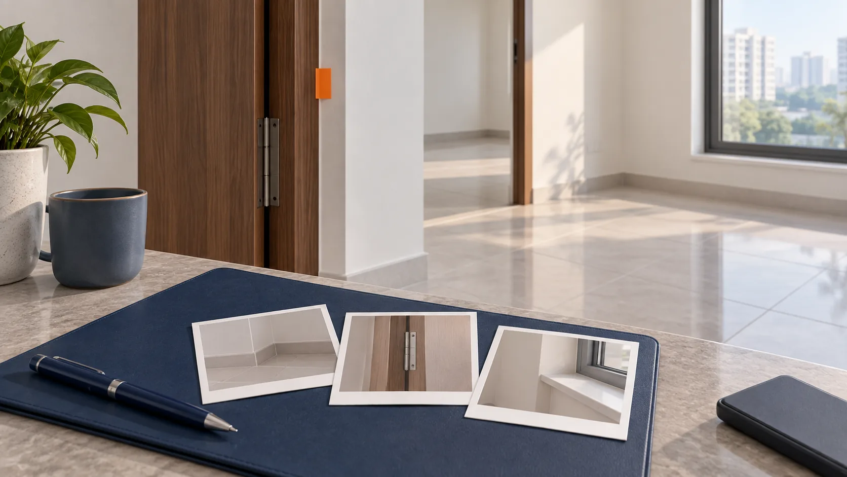 Photographs of door, window and tile details arranged on a report folder in an empty new flat