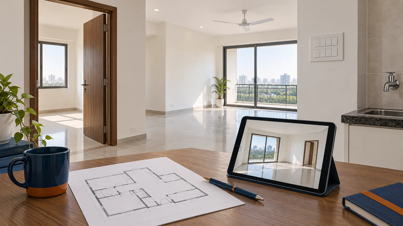An empty flat with an unlabelled floor plan, room image on a tablet, tap and wall switch panel