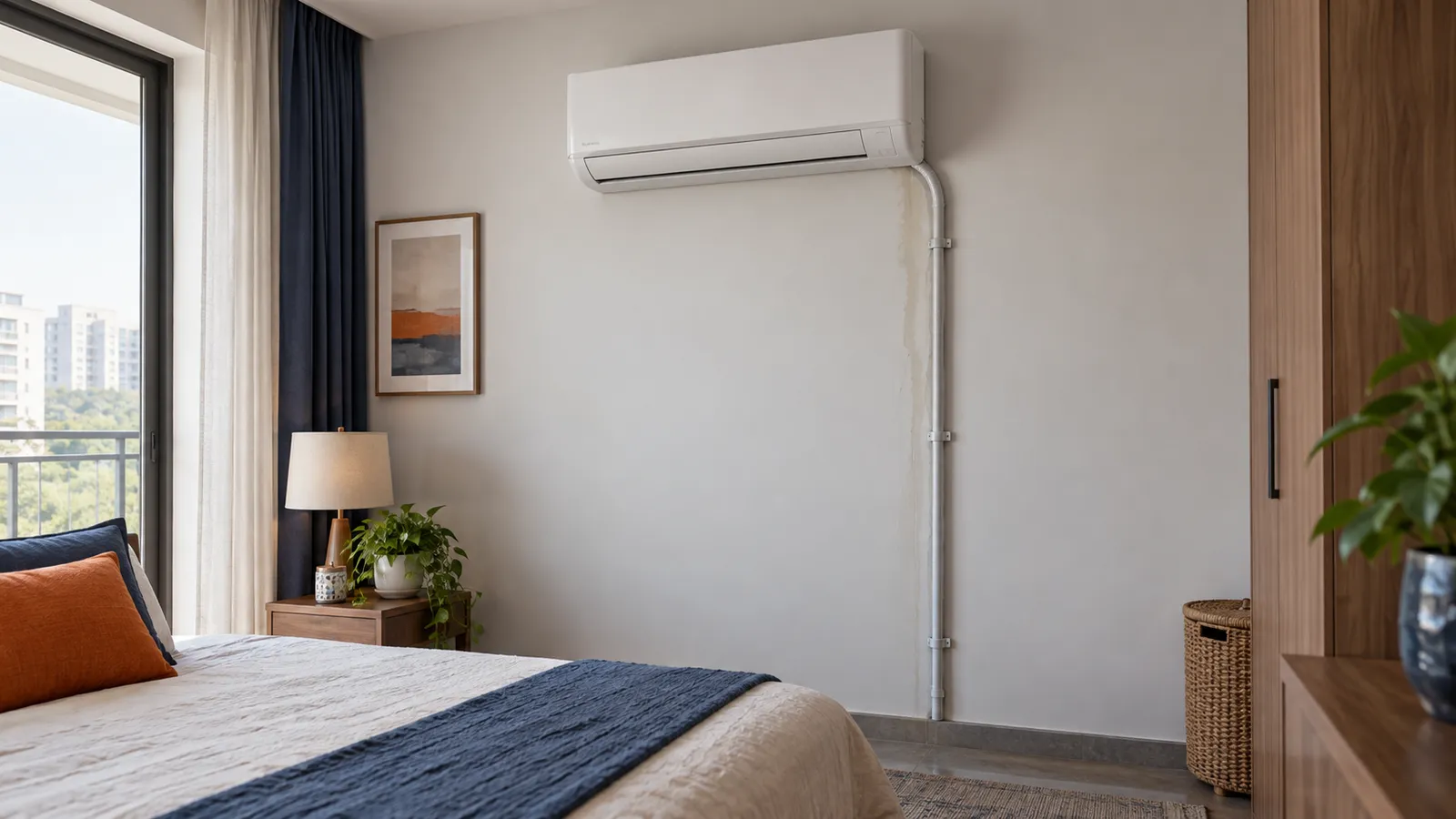 Damp streak below a split air-conditioner drain route