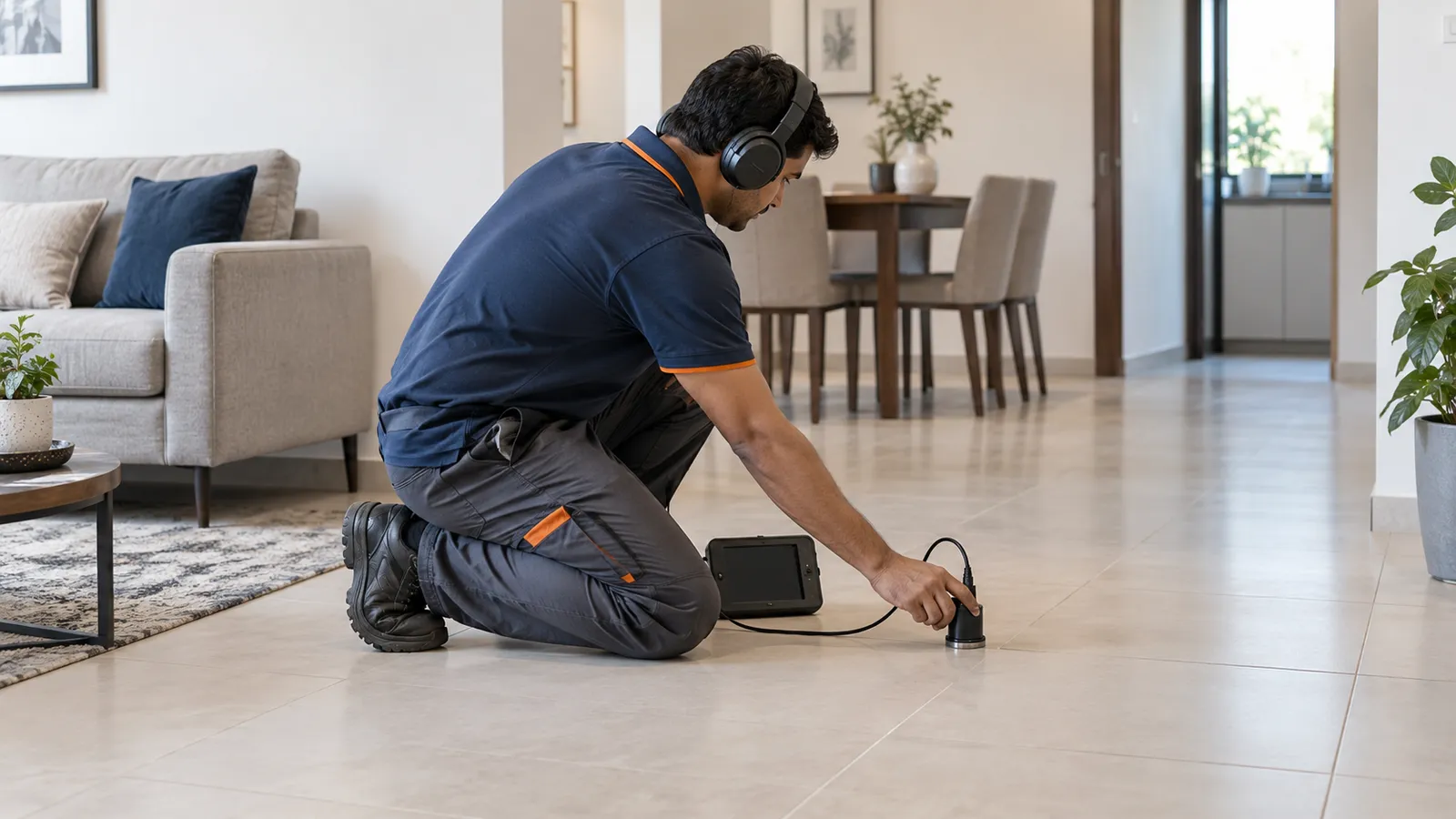 Technician listening through a ground sensor on a tiled floor