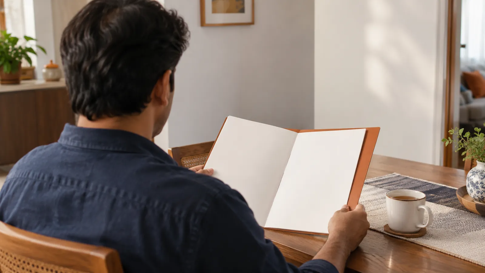 Homeowner reading a plain agreement folder at a table