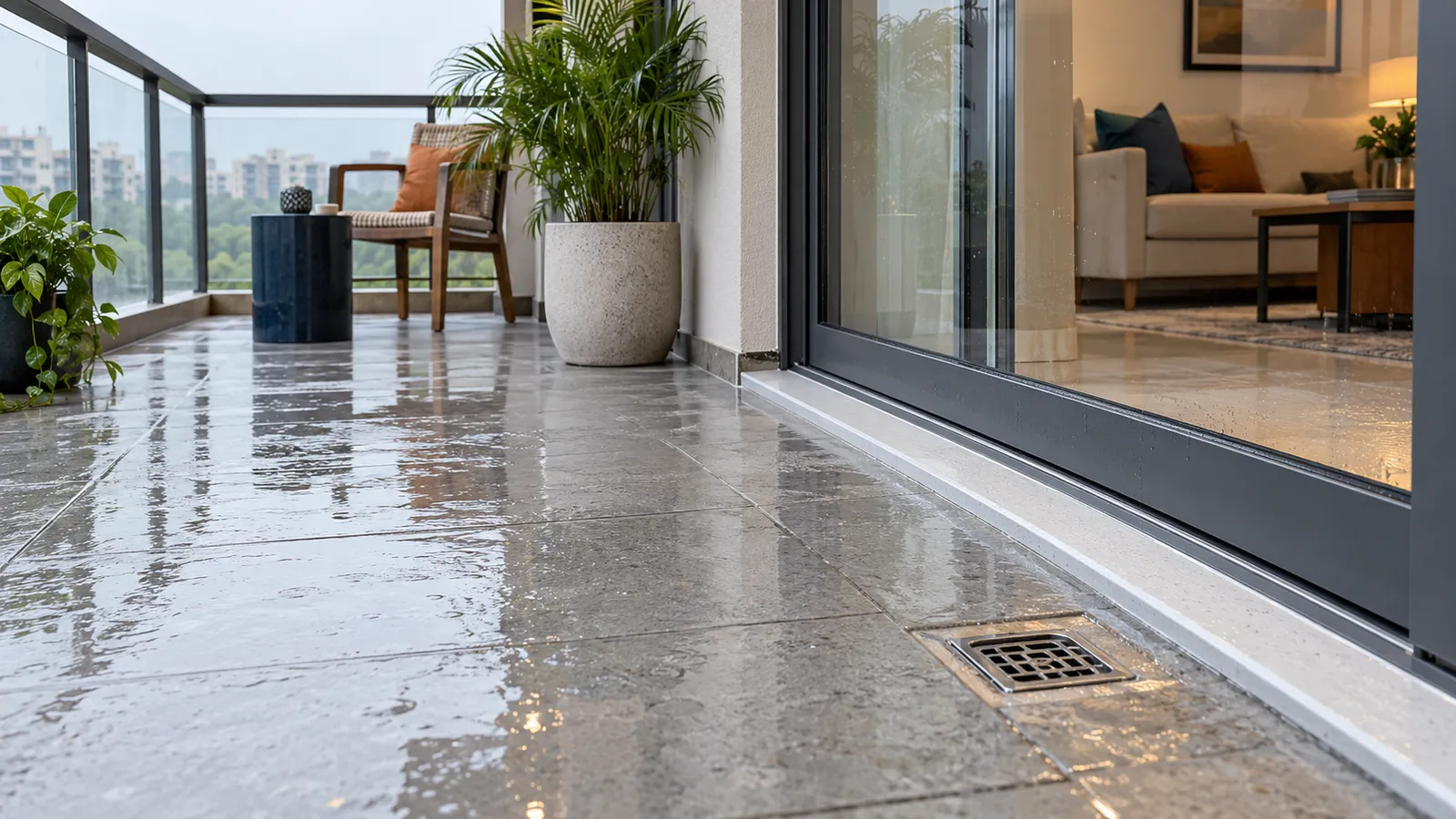 Wet balcony tiles sloping to a drain beside the door threshold