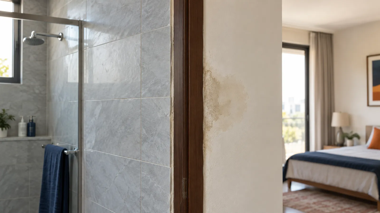 Damp spreading from behind bathroom tiles into the next room