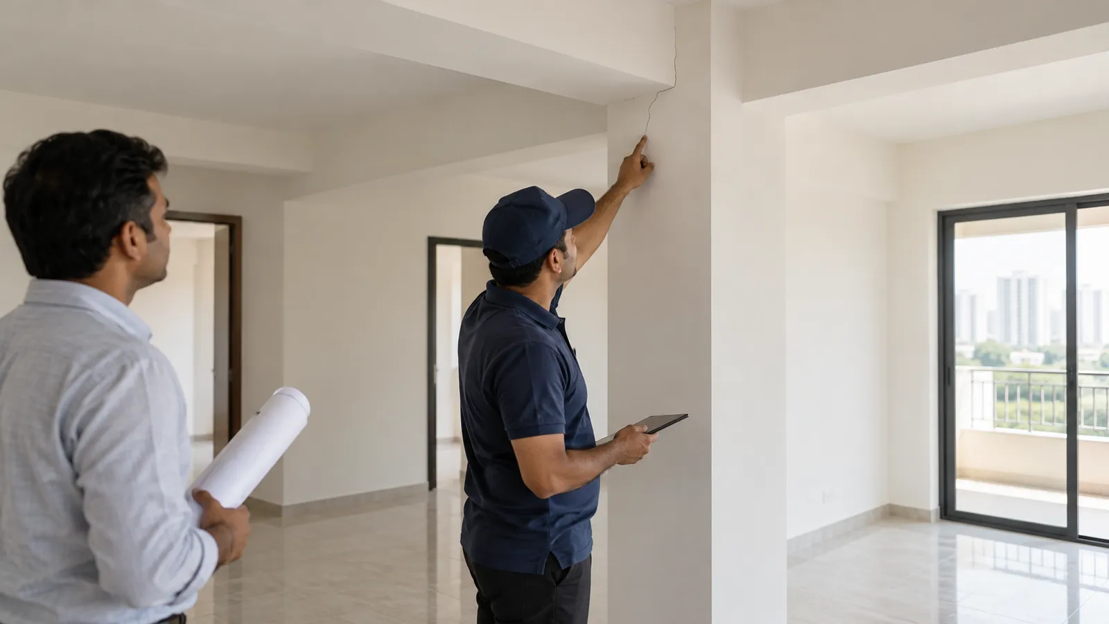 Inspector examining a fine crack near a column while an engineer looks on