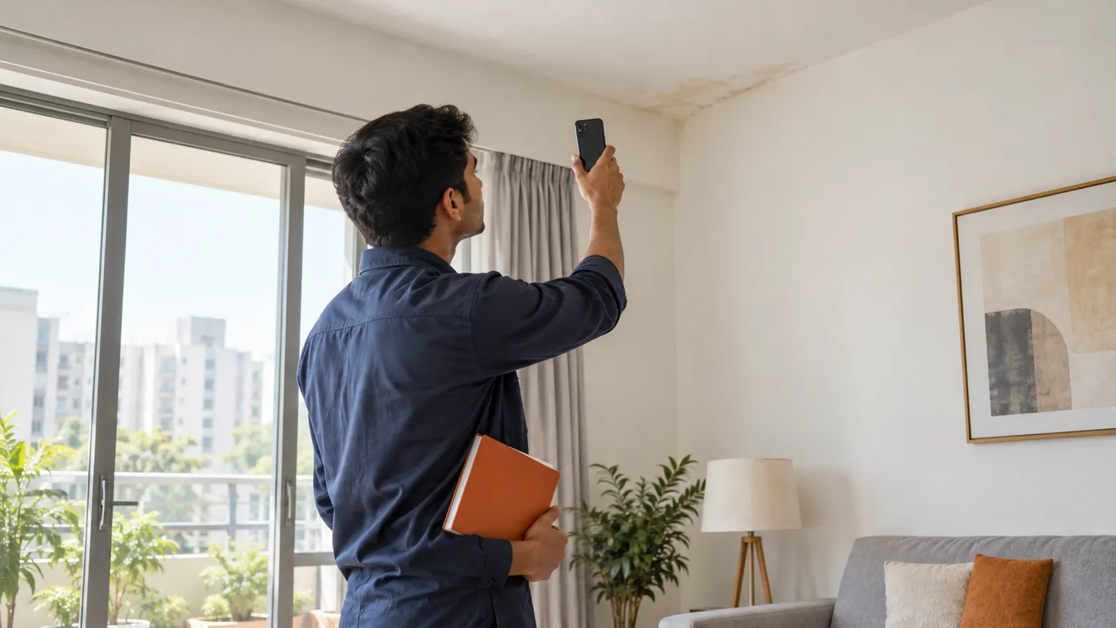 Inspector photographing a faded dry stain on a ceiling