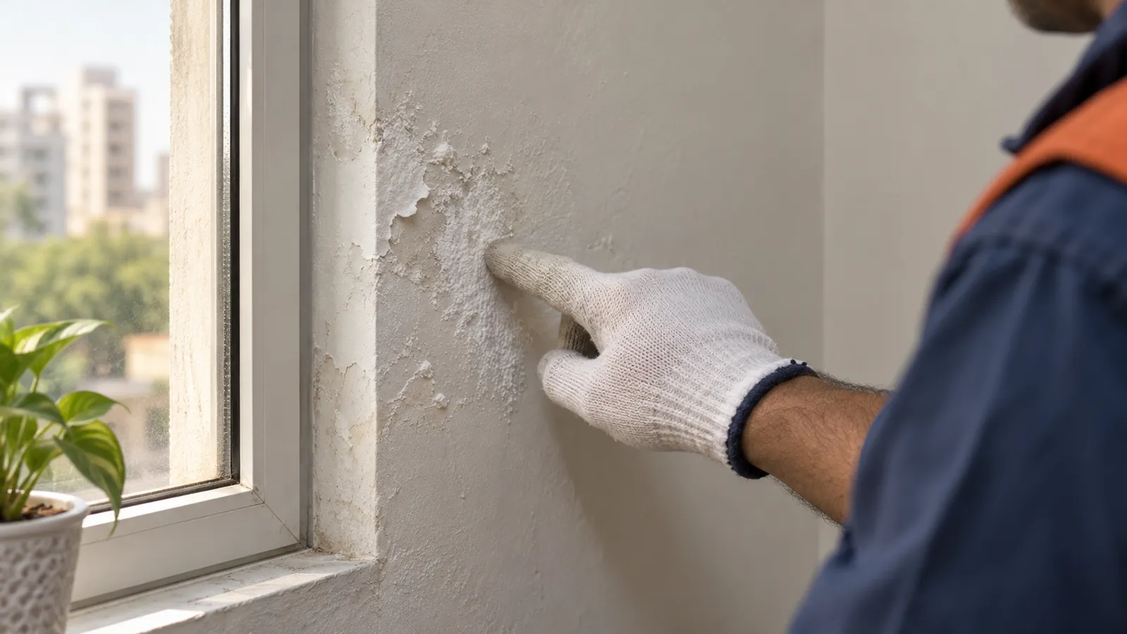 White powdery salt bloom on a painted wall
