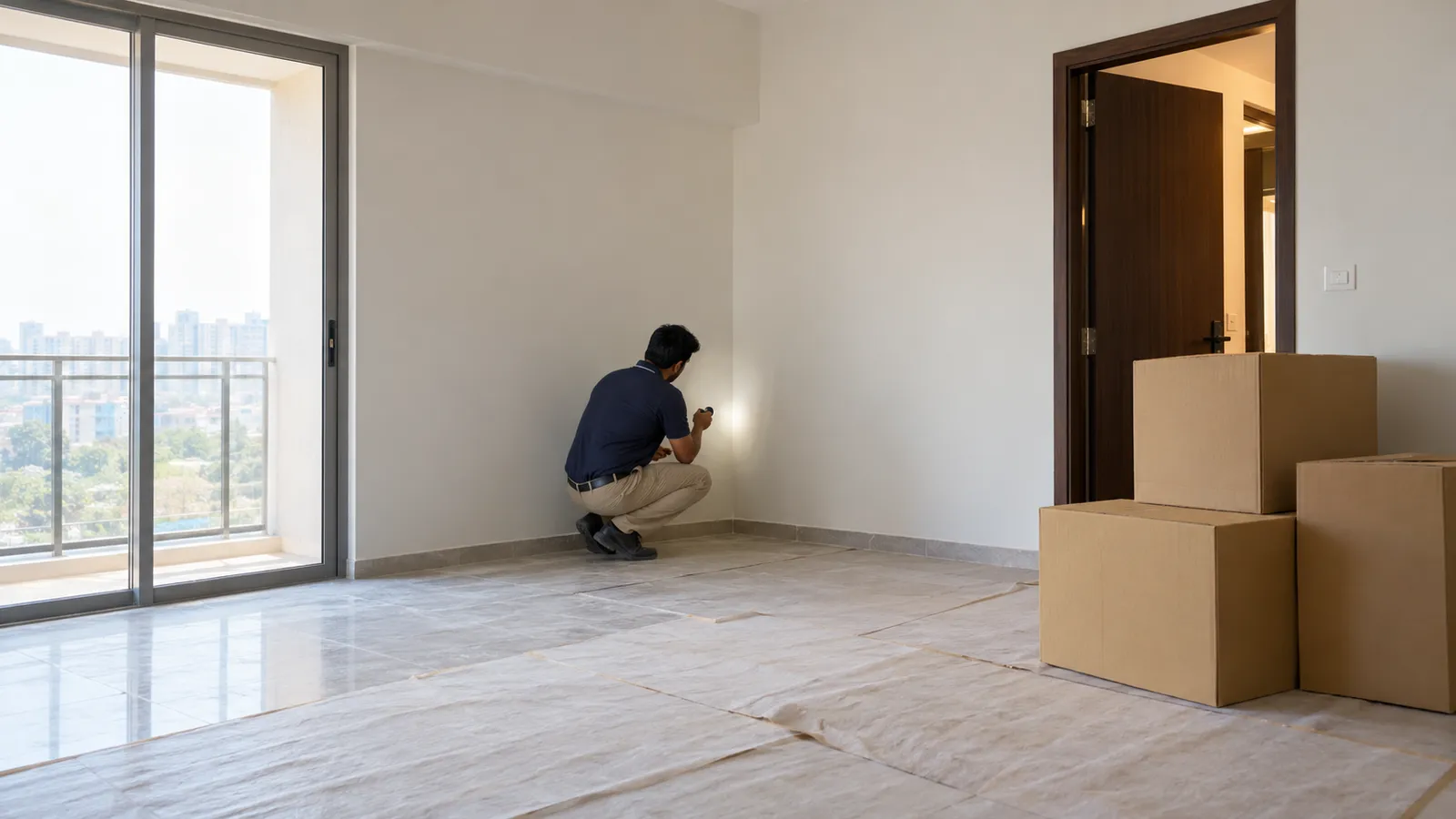 Inspector checking a wall corner in an empty flat before interiors