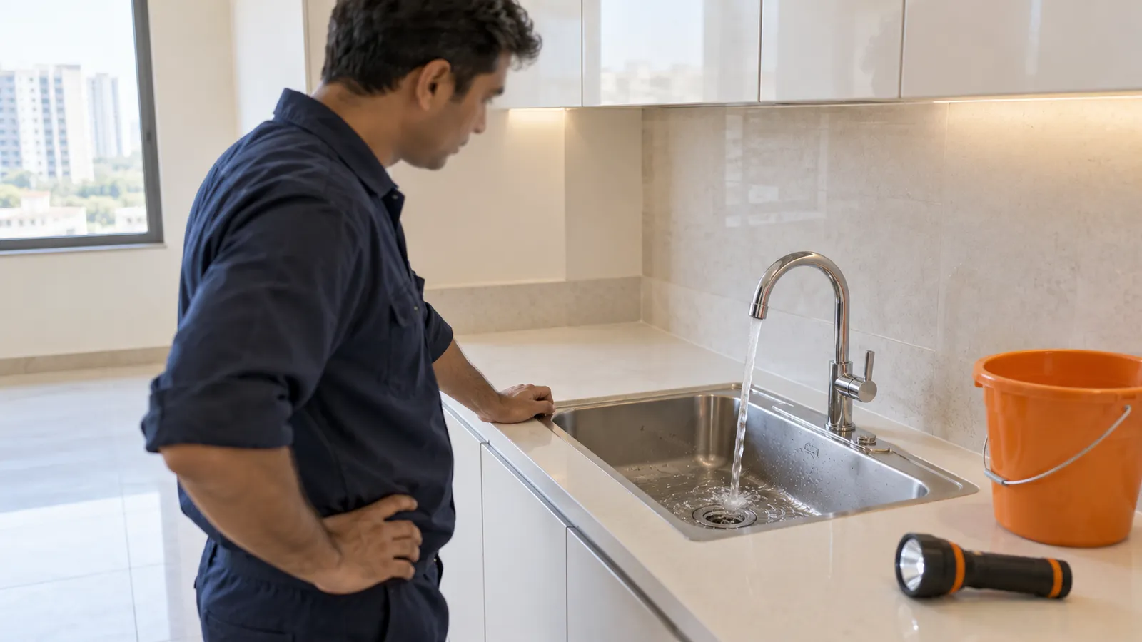 Inspector watching a kitchen sink drain in a new flat