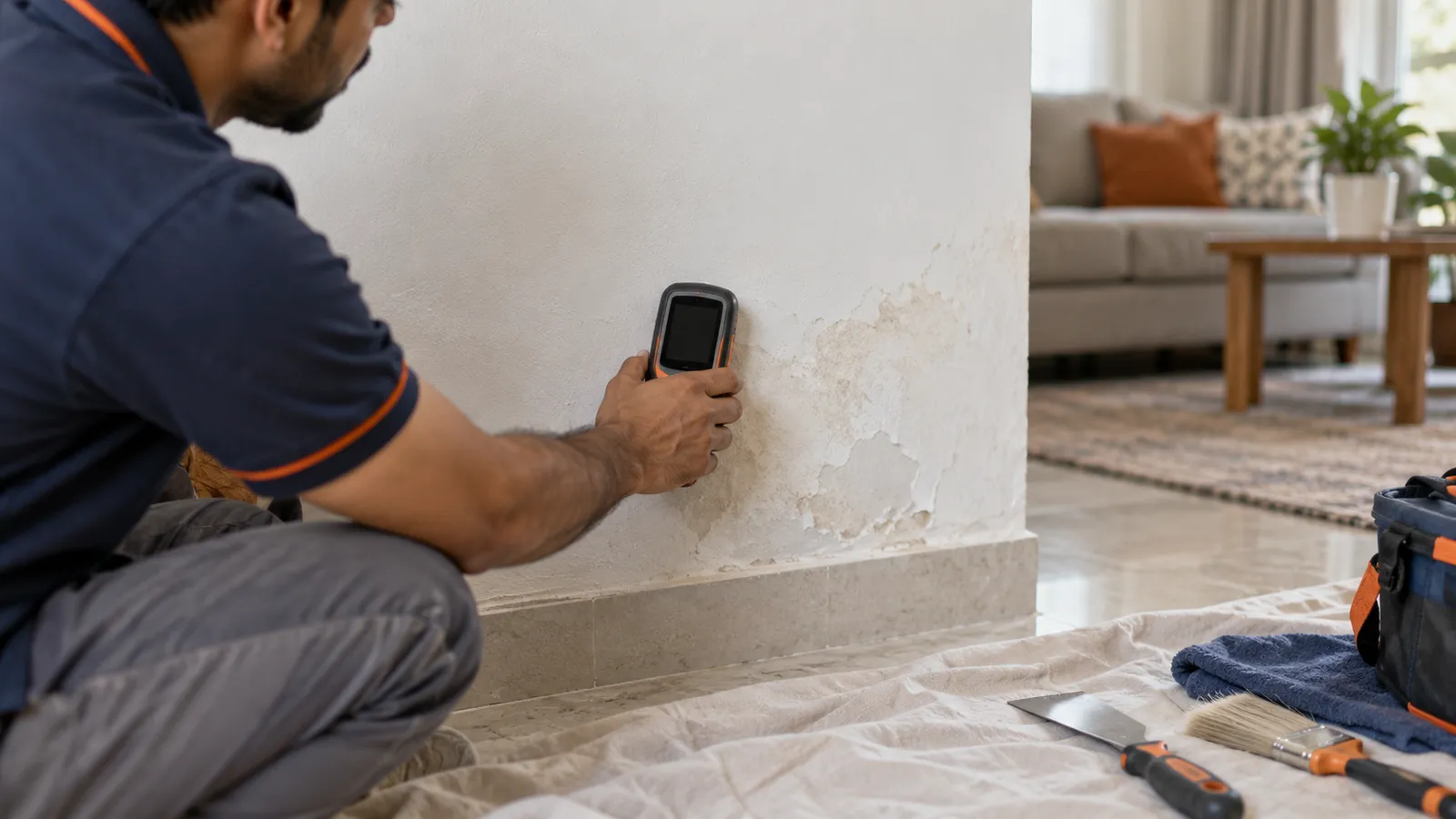 Inspector checking a damp wall with a handheld meter