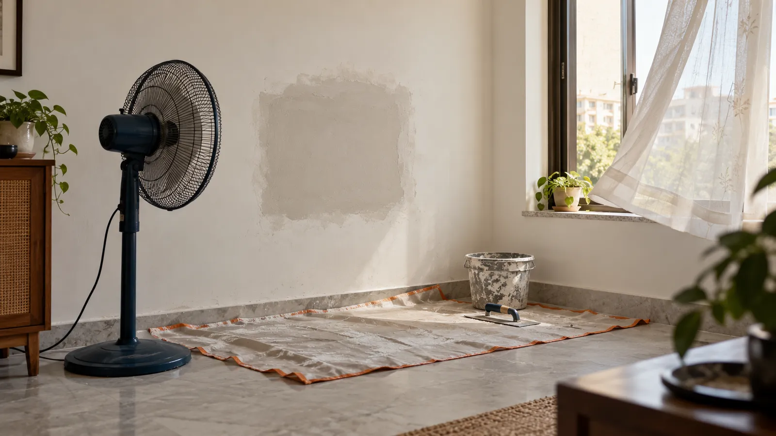 Repaired plaster patch drying with a fan and open window