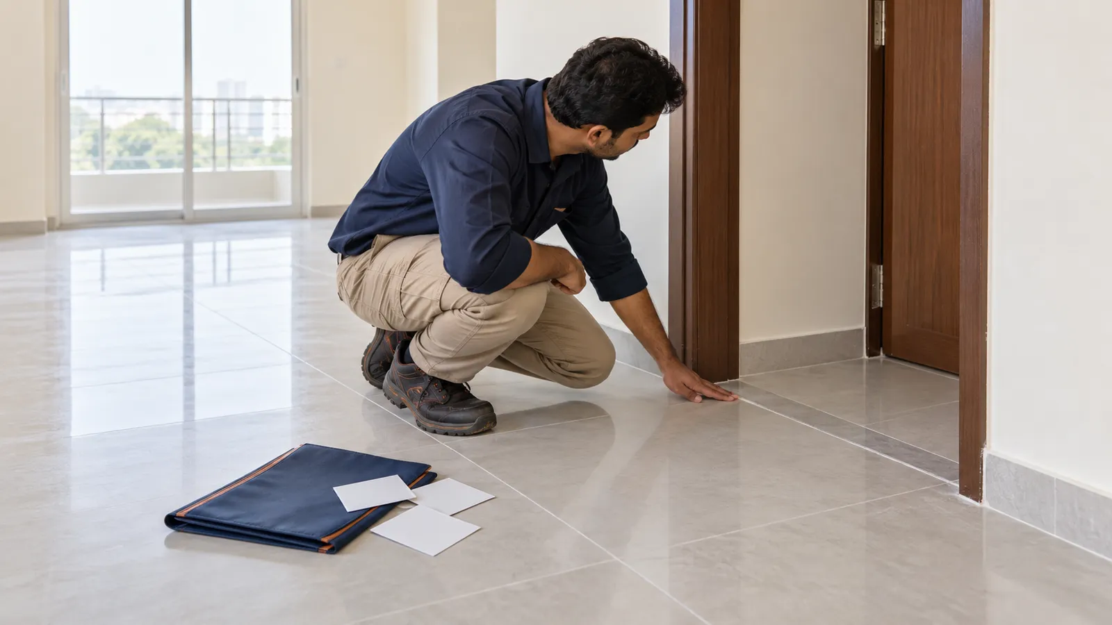 Inspector re-checking re-grouted floor tiles and a door frame