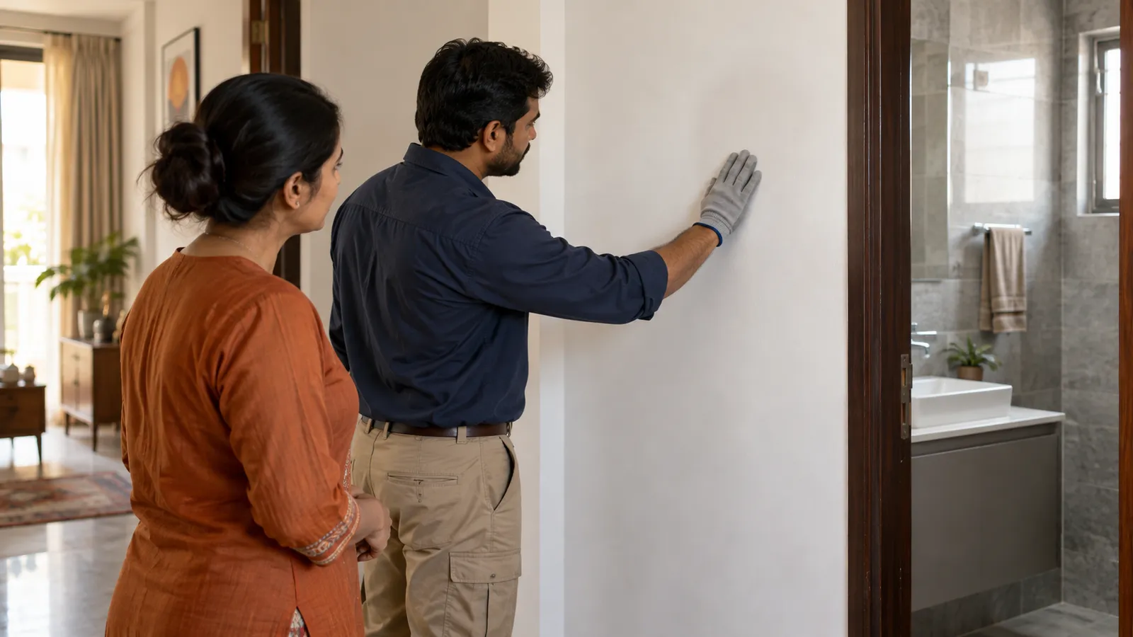 Inspector and homeowner checking a freshly repaired wall