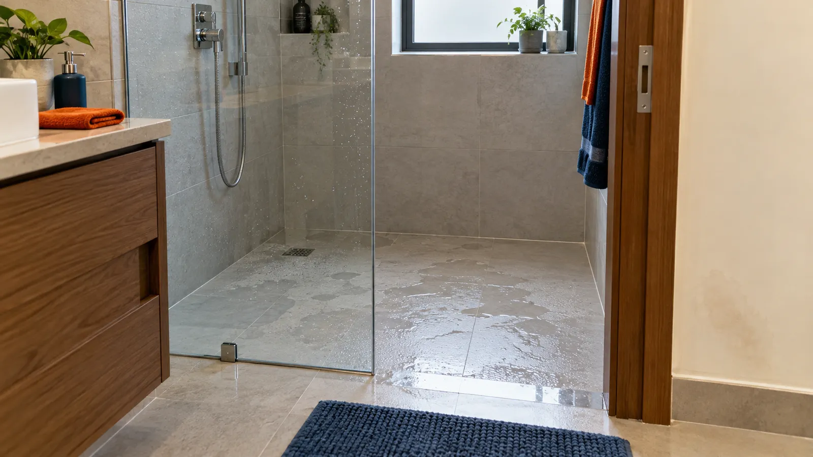 Shower area drying after use, with a faint damp mark outside the bathroom