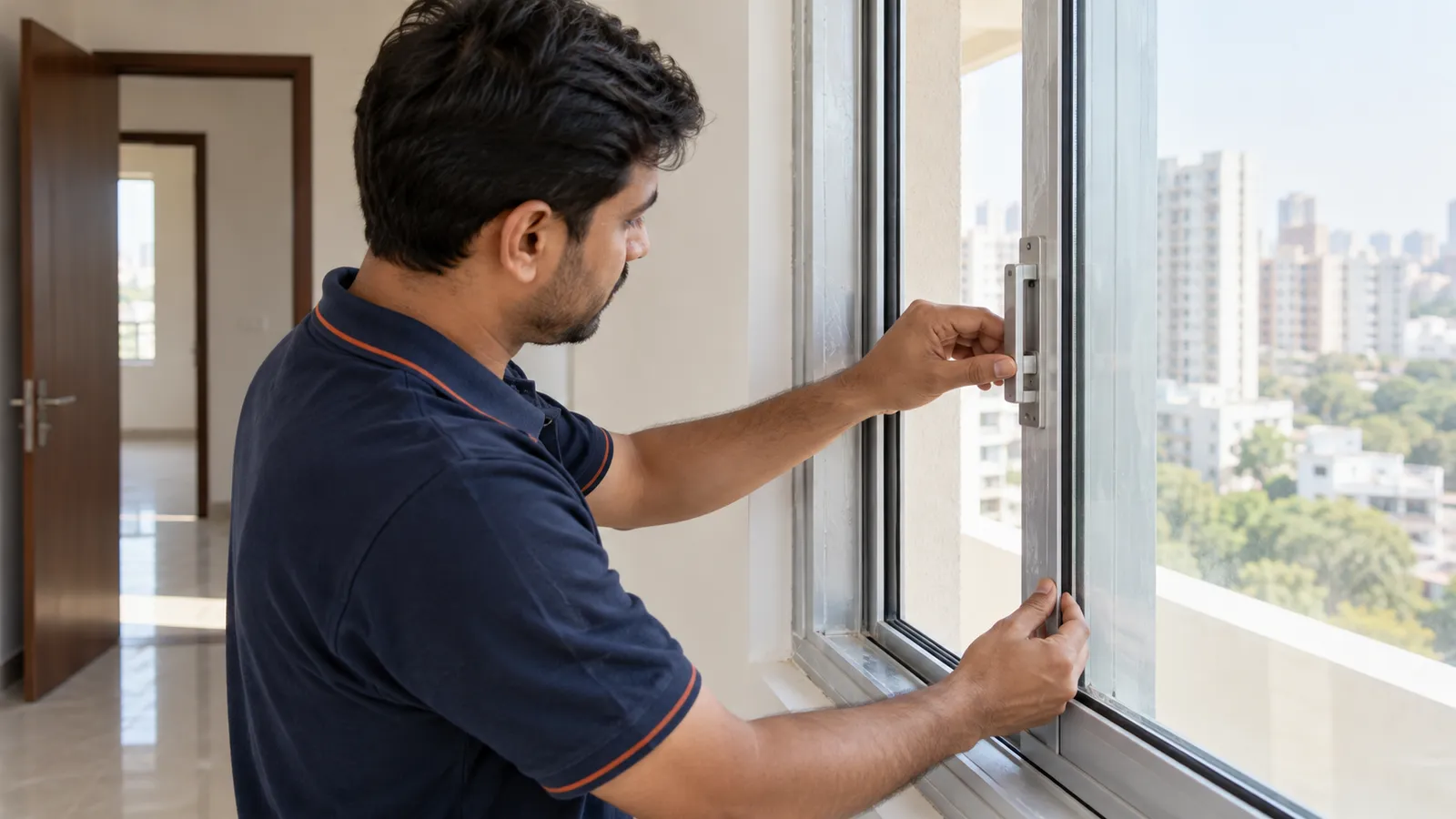 Inspector checking a sliding window latch and seal in a new flat