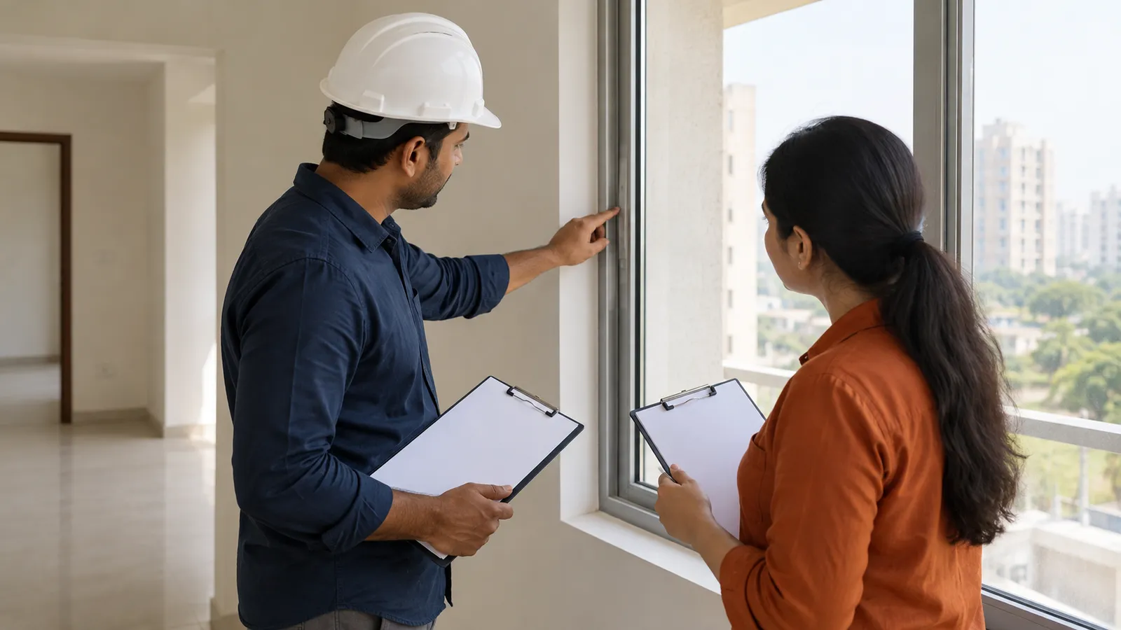 Site supervisor and independent inspector checking the same window