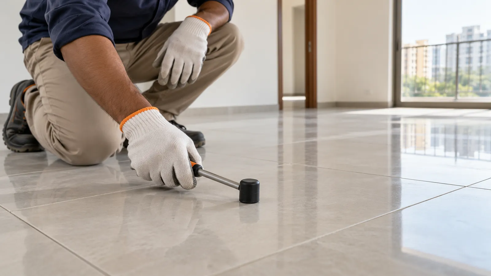 Inspector tapping a large floor tile to check for hollowness