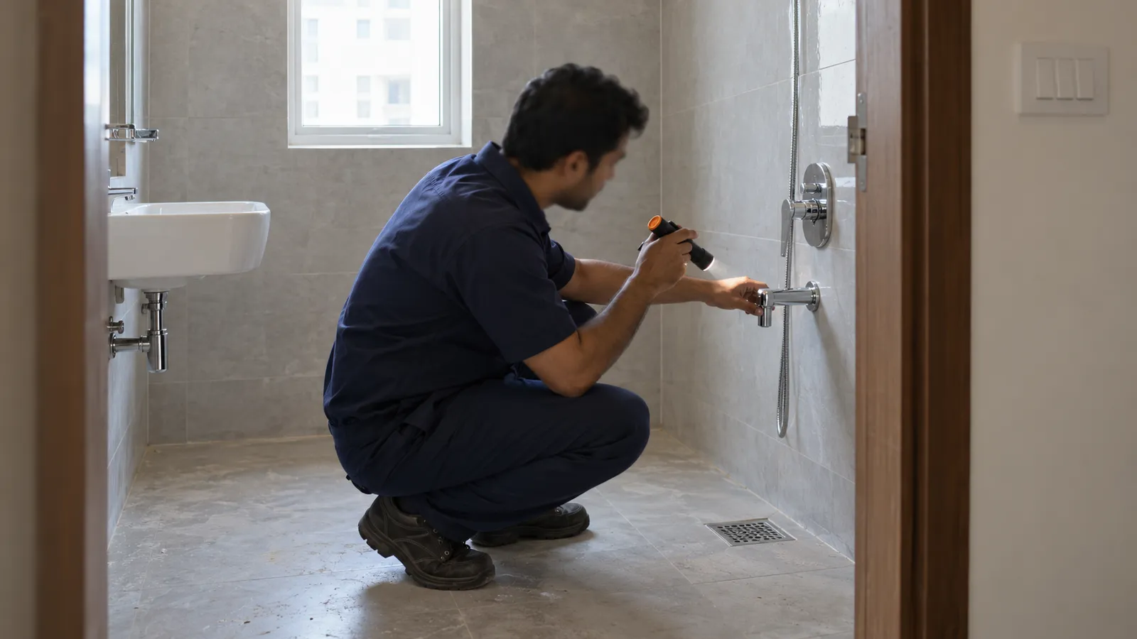 Inspector using a torch to check a tap in an unlit new flat