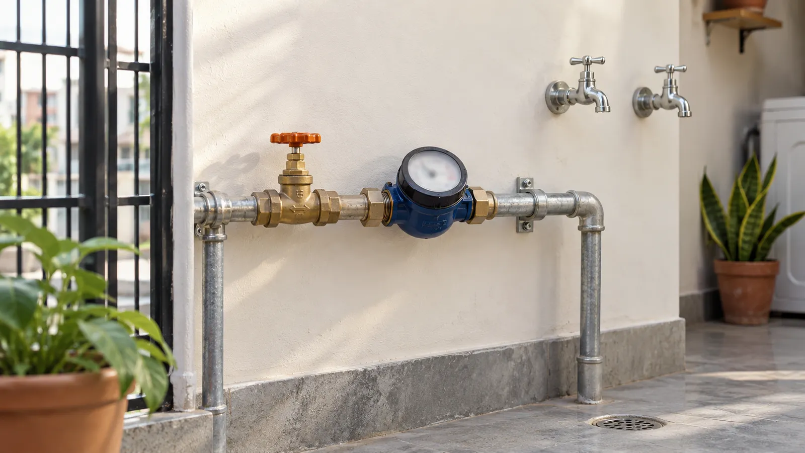 Water meter on a supply line with the taps closed