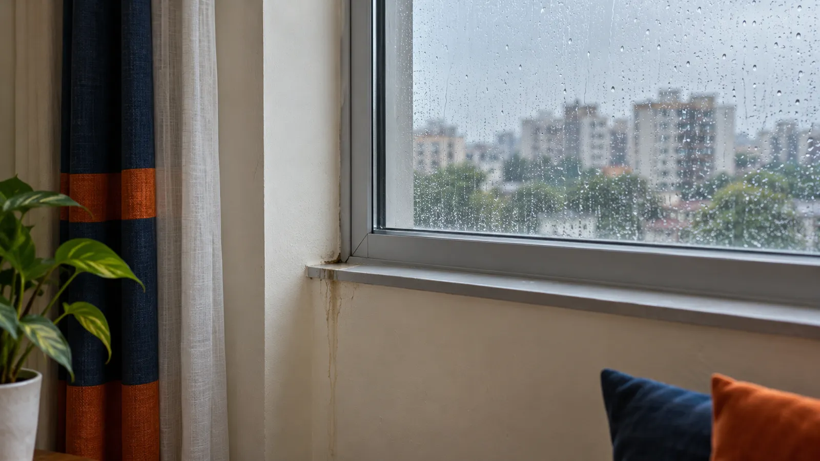 Damp streak below a window corner during rain
